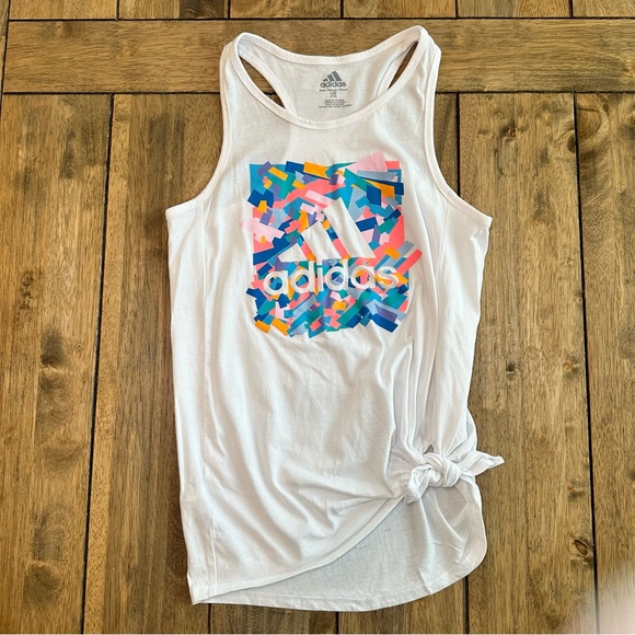 NWOT Adidas Girl Tank Top with Fluorescent Confetti Neon & Side Tie / Size 14 - Picture 4 of 10